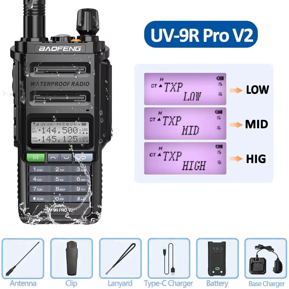 Baofeng UV 9R Pro V2 IP68 Waterproof Walkie Talkie Tri-Power Type-C Charger Dual Band Ham CB Radio Two Way Radio of UV 9R Plus Black