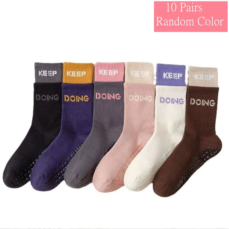1/3/6/10 Pair Anti Slip Yoga Socks Female Medium Tube Socks lady Anti Slip Silicone Indoor Fitness Pilates Women's Sports Socks 10 Pair-2