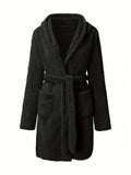 1 piece of women's solid color hooded robe with belt, cozy and warm fleece pajamas for home wear in autumn and winter.