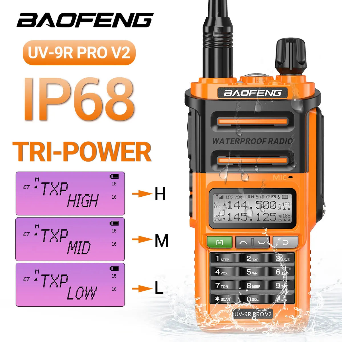 Baofeng UV 9R Pro V2 IP68 Waterproof Walkie Talkie Tri-Power Type-C Charger Dual Band Ham CB Radio Two Way Radio of UV 9R Plus