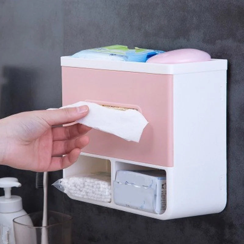 Wall-Mounted Tissue Box with Shelf and Storage Compartments