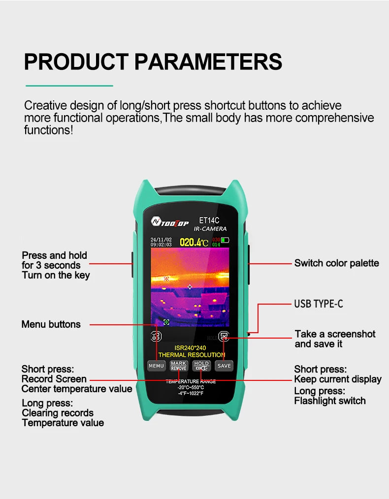 TOOLTOP ET14C 2.8inch Thermal Imager 25Hz Home Thermal imaging Camera ISR240x240 Thermography with Stand Electrical Fault Detect