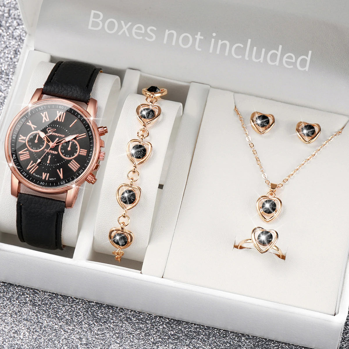 5/6PCS Fashion Women's Quartz Watch Leather Band Analog Wrist Watches Heart Rhinestone Jewelry Set(Without Box) Black Set No Box