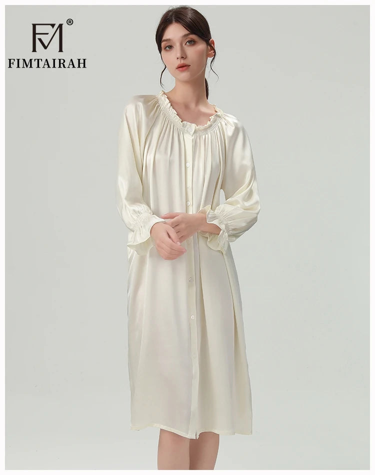 FIMTAIRAH 6A 22MM 100% Silk Nightdress Real Silk Nightgown Women long plus large size Sleepwear Pajamas robe