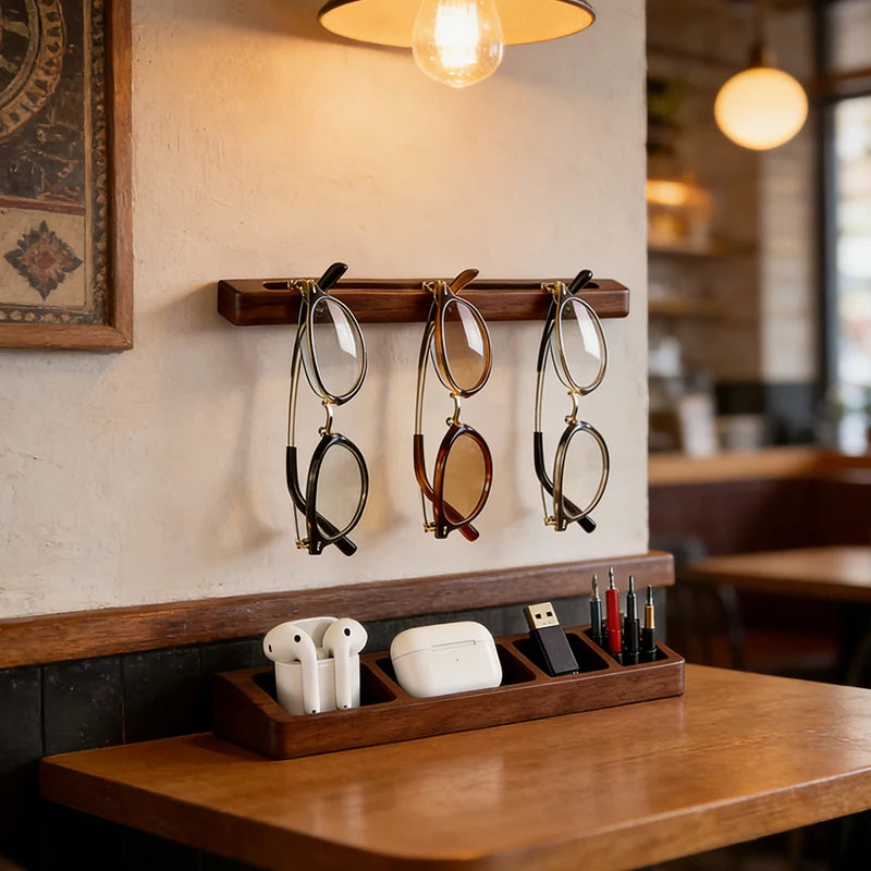 Wooden Wall Mounted Sunglasses Holder, No Drill Glasses Display Rack
