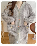 Thickened Flannel Sleepwear V-neck Home Clothes Women's Coral Fleece Robe Autumn Winter Patterned Fresh Flower Nightgown