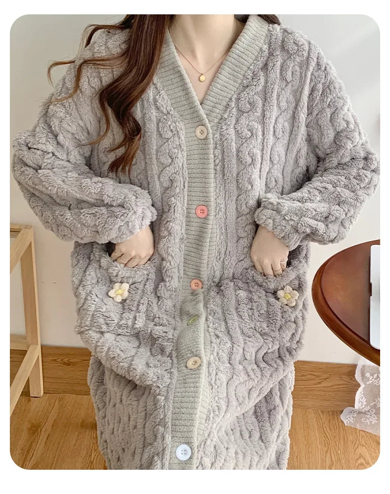 Thickened Flannel Sleepwear V-neck Home Clothes Women's Coral Fleece Robe Autumn Winter Patterned Fresh Flower Nightgown