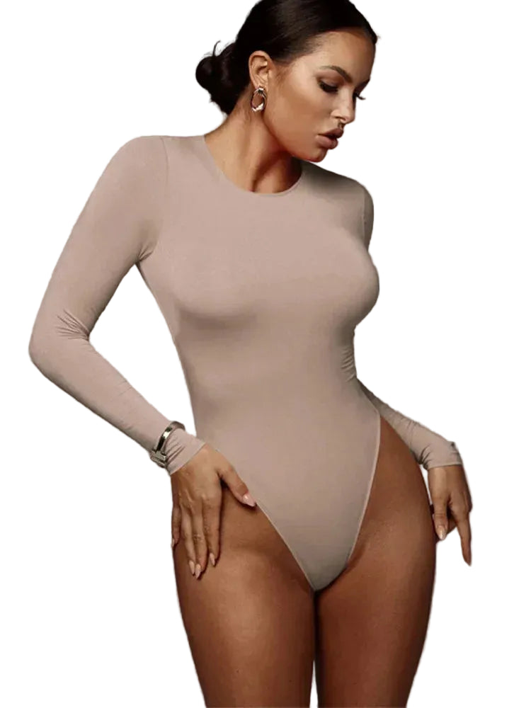 Women's Long Sleeve O-Neck Bodysuit – Slim Fit Body Top Khaki
