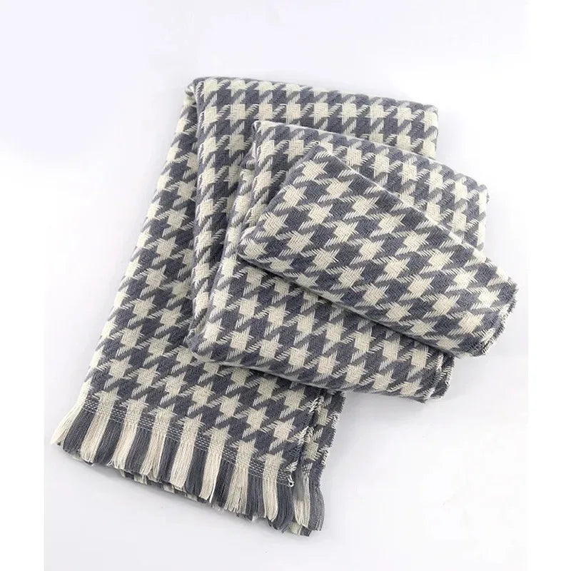 Women's Cashmere Winter Scarf – Thick Knitted Warm Shawl Houndstooth Gray]]