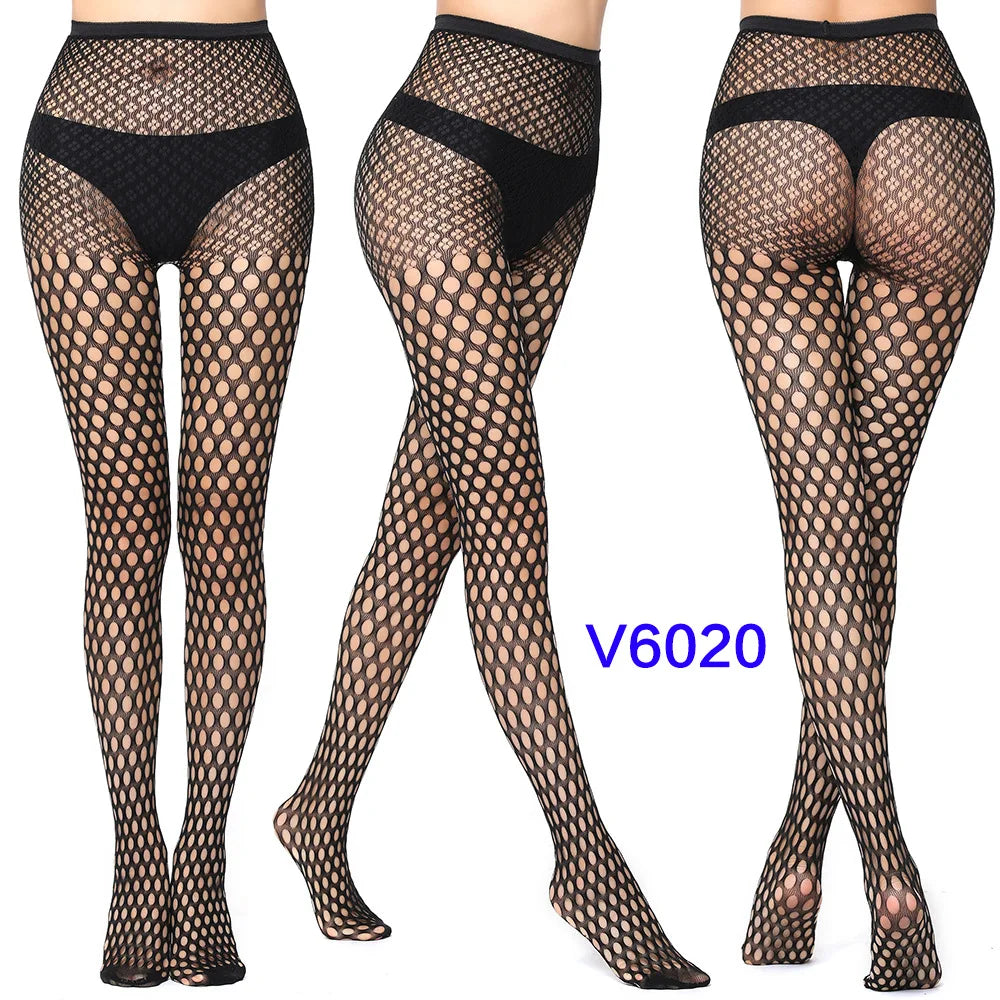 Women Sexy Fishnet Tights Jacquard Weave Seamless Pantyhose Yarns Garter Grid Fish Net Stockings Black Spider Gothic Lace Tights V6020 One Size