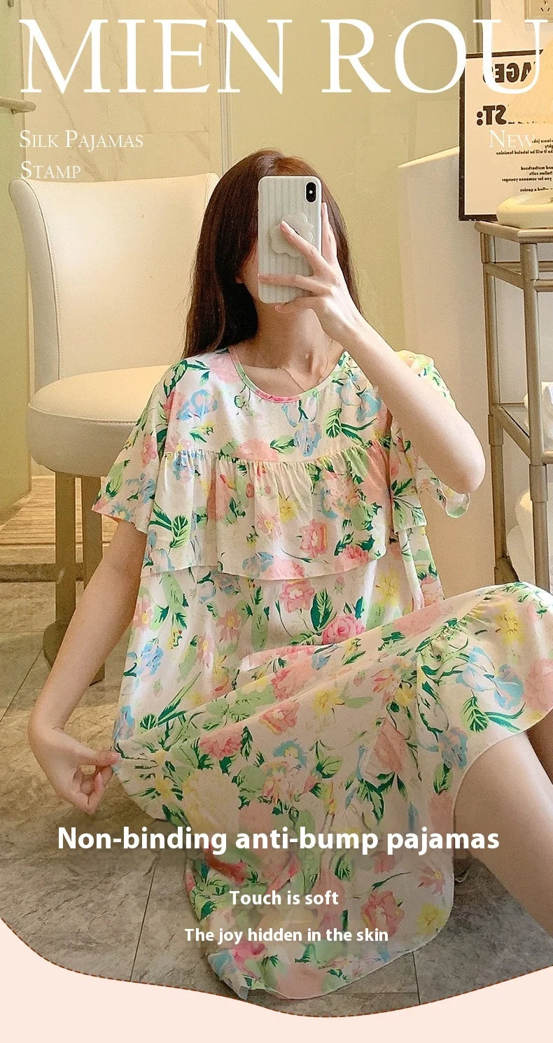 Sexy Nightwear Women Icy Floral Pattern Women Pajamas Dress Butterfly Print Student Sleepwear O- Neck Lace Mid-Length Nightgown