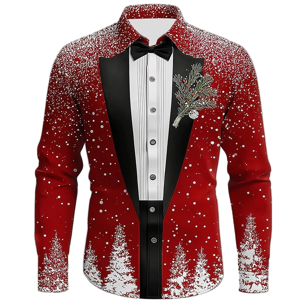 Men’s Christmas snowflake formal shirt with 3D printed tie design, elegant tuxedo-style festive shirt for parties and weddings.