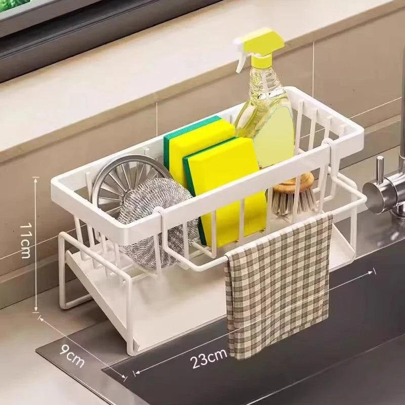 Sink Caddy with Sloping Drainage Tray and Dishcloth Rail White Steel
