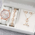 5/6PCS Fashion Women's Quartz Watch Leather Band Analog Wrist Watches Heart Rhinestone Jewelry Set(Without Box) White Set No Box