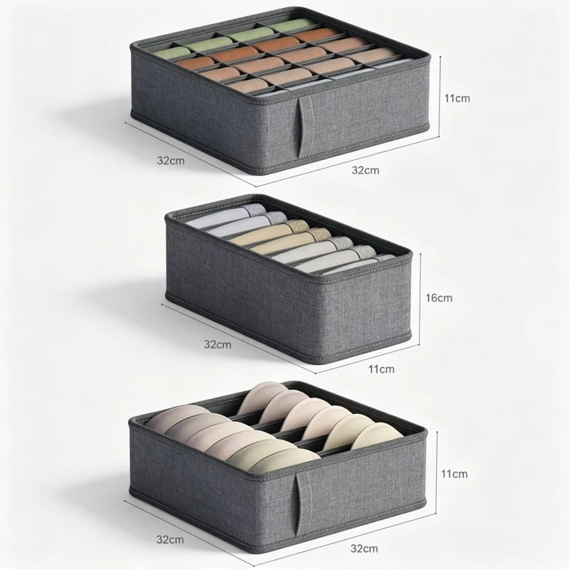 Grey Fabric Drawer Organiser for Underwear Bras and Socks 3PCS Set