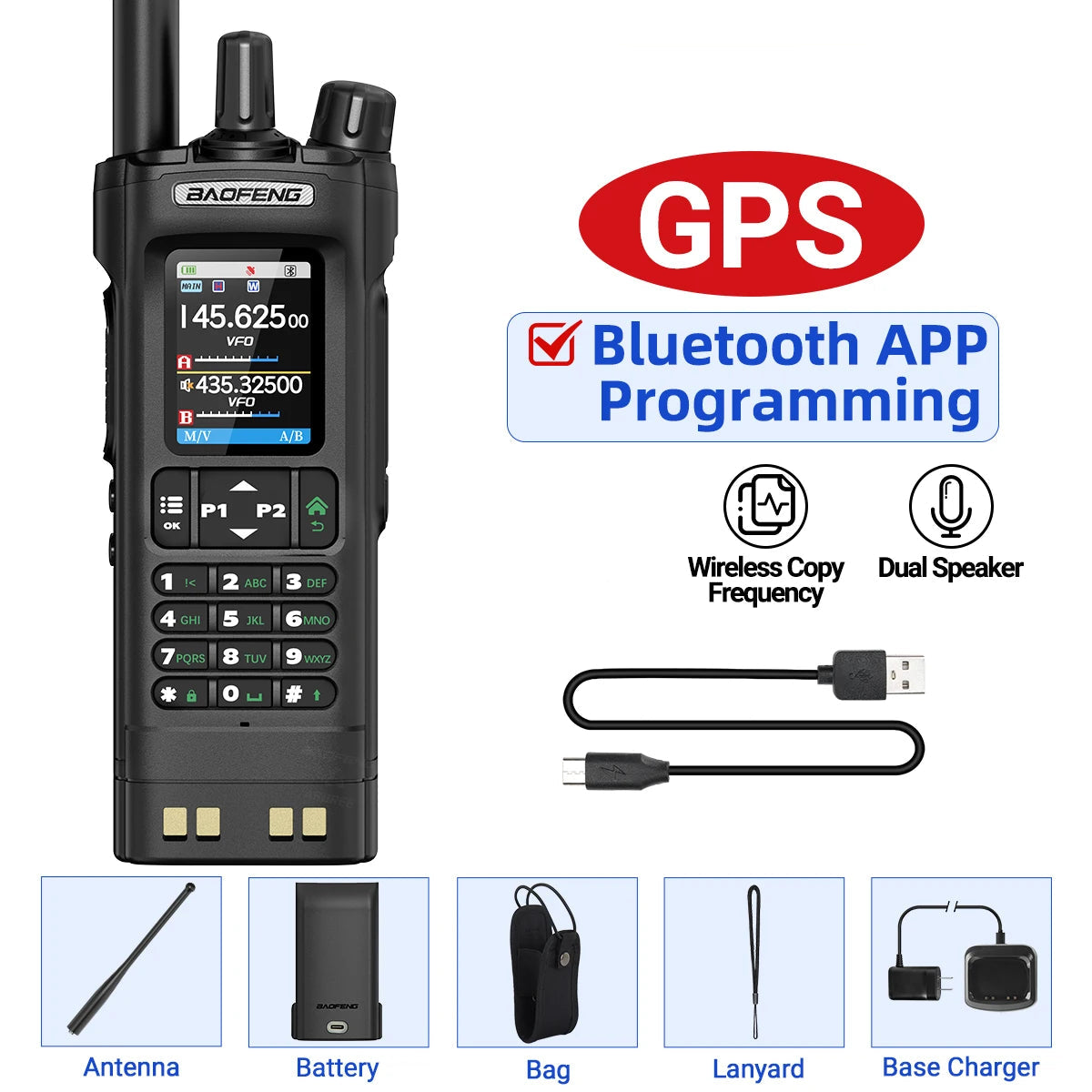 BAOFENG UV-32 10W Long Range GPS Bluetooth Walkie Talkie Black