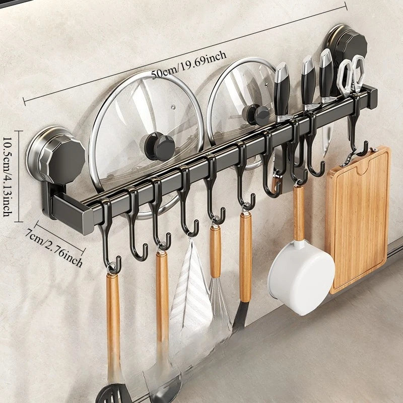 Aluminum Kitchen Organizer Hook Wall Mounted Double Pole Spatula Storage Rack 50/60/40/30cm Non Punching Pot Lid Rack Grey 50cm 10 hooks
