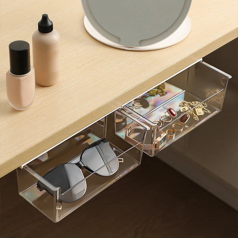 1Pc Transparent Acrylic Storage Box Under Tabl Drawer Pull-Out Storage Shelf Cabinet Bathroom Office Storage Box Case Container