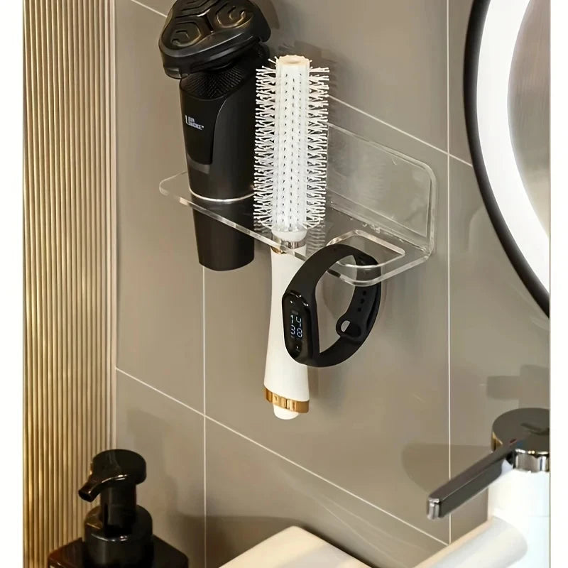 Clear Acrylic Wall-Mounted Bathroom Organizer – No-Drill Storage Rack for Hair Tools & Toiletries, Space-Saving Design
