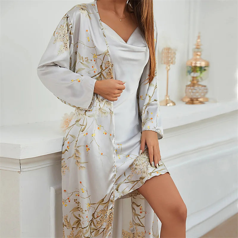 Two-piece Tie Nightgown Set Printed Sleepwear Women Satin Nightgown Sexy Suspender Dress Summer Home Clothes GRAY China Mainland
