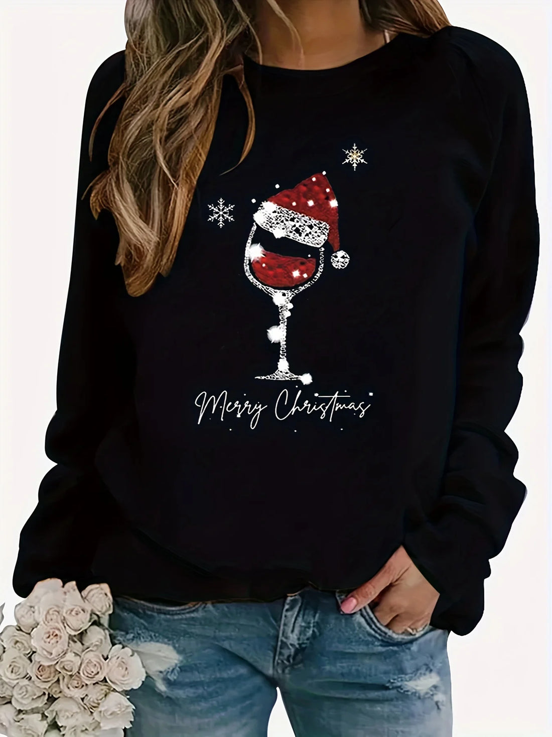 Women's vintage Christmas print loose sweater in black – long sleeve autumn winter knit top, casual streetwear pullover for women.