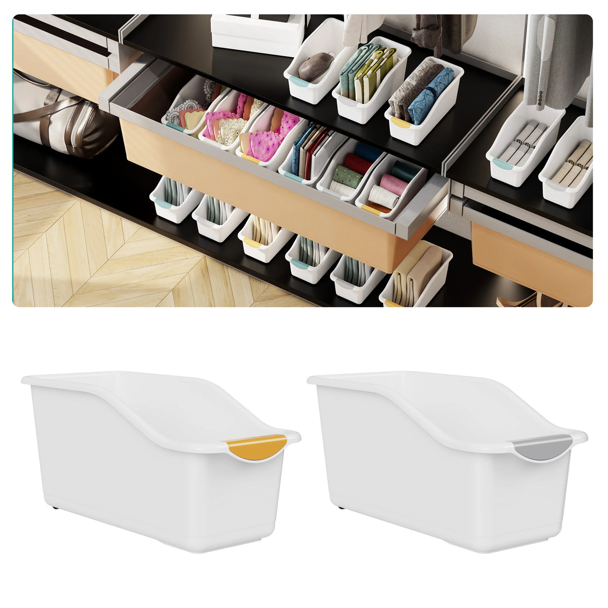 2pcs Curved Design Storage Boxes - Heavy-Duty Plastic Organizer, White Space-Saving Container for Under Sink, Pantry & Cabinet Orange Grey