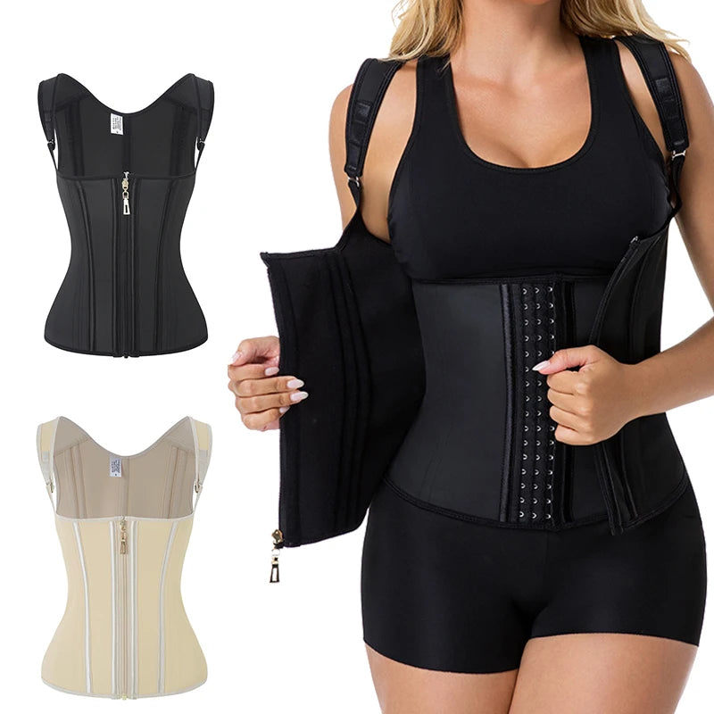 15-Steel Boned Fajas Colombianas Shapewear Vest Body Shaper Women Latex Waist Trainer Tummy Control Slimming Cincher Hook Zipper