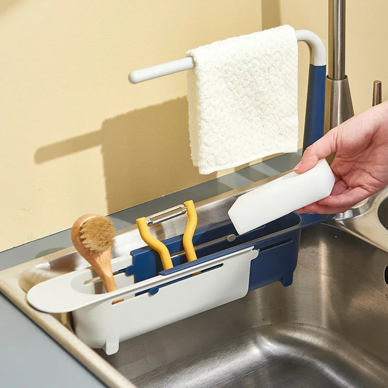 Telescopic Sink Organiser with Basket and Dishcloth Rail