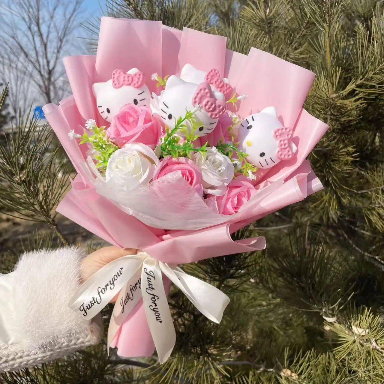 Kawaii Hello Kitty Cat Dolls With Artificial Flowers Creative Bouquet Christmas Valentine Birthday Graduation Gifts 43-35cm