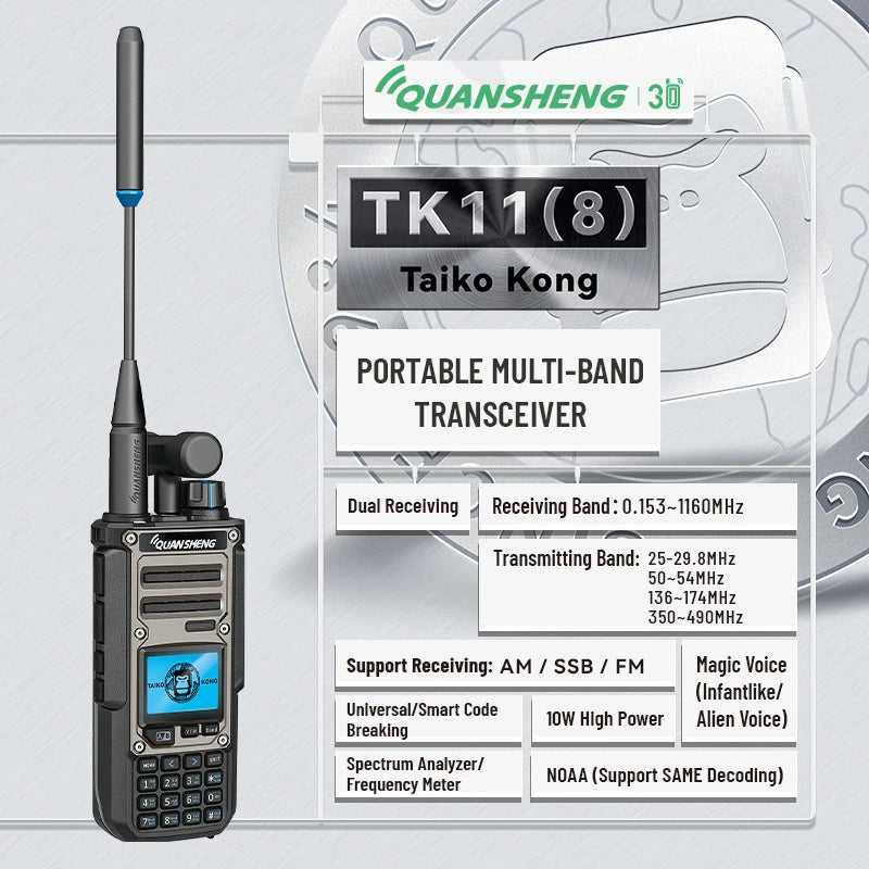 Quansheng TK11(8) 10W Multi Band AM SSB FM 0.153-1160MHz Full Band Real Air Band Dual Receiving Scrambler FM NoAA Walkie Talkie