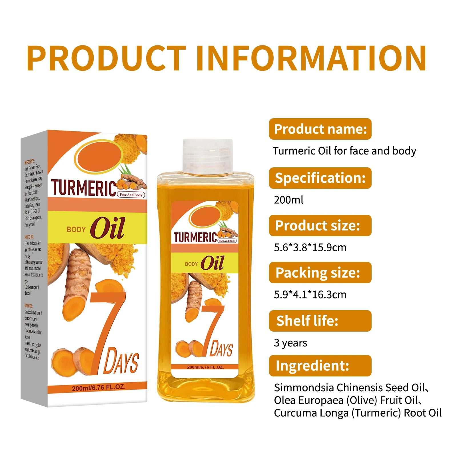 Turmeric Body Oil 200ml – Fast-Absorbing Natural Moisturizing Oil for Face & Body, Deep Hydration for All Skin Types