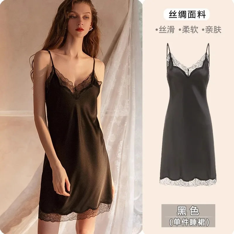 2025 Women's Lace Chemise Nightdress with Chest Pads, Ice Silk Suspender Nightgown for Autumn Winter Premium Black 1