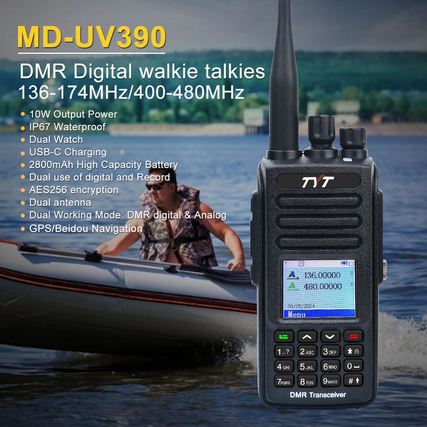 TYT MD-UV390 10W DMR Digital Walkie Talkie with GPS, IP67 Waterproof, AES-256 Encryption & USB-C Battery