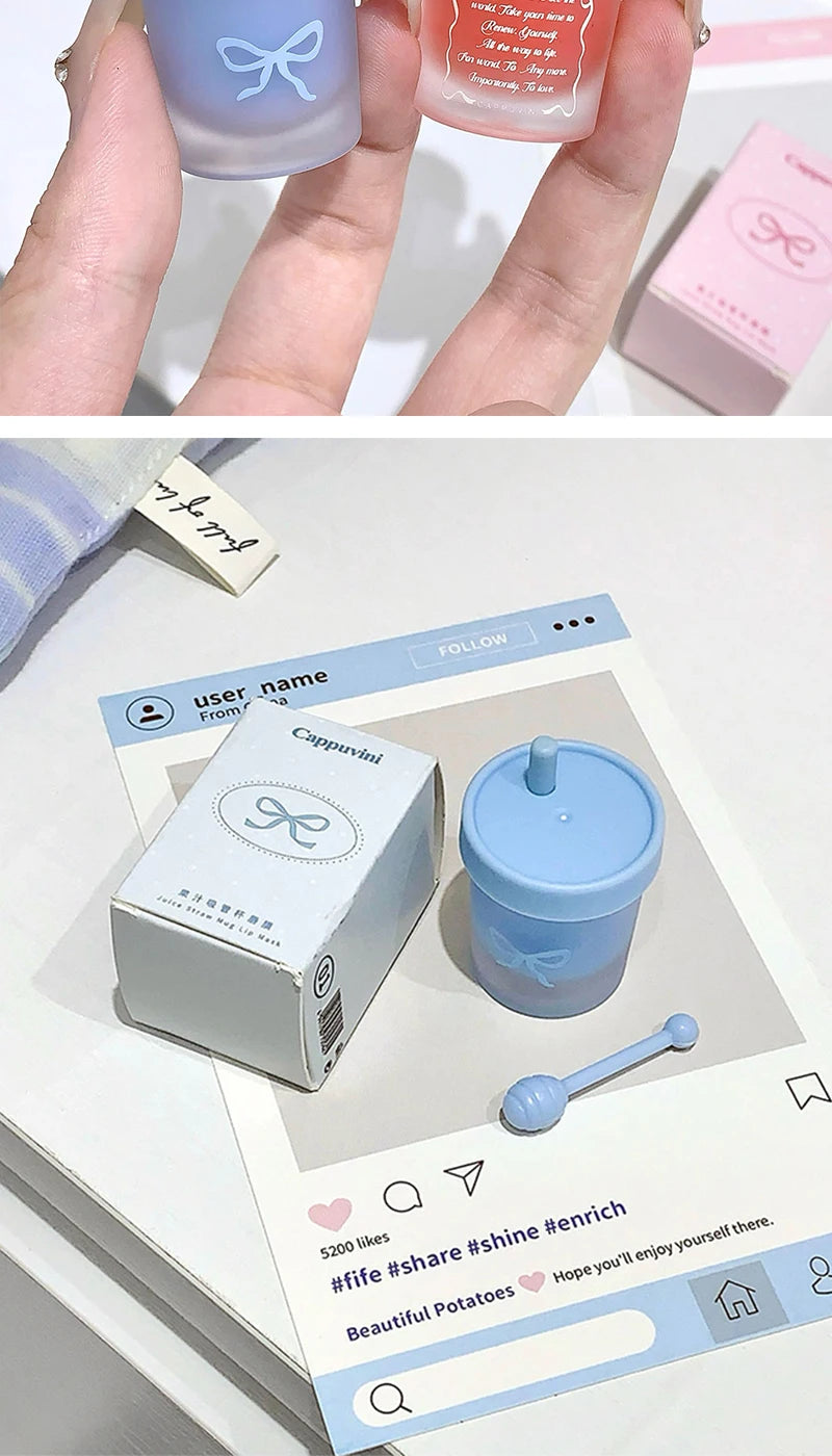 Cappuvini Juice Straw Cup Lip Mask Fruit-Flavored Lip Care Moisturizing for Day and Night in Autumn and Winter Prevents Chapped Lips Long-Lasting Moisturizing Improves Lip Lines Deeply Moisturizing Care High-Quality Lip Balm