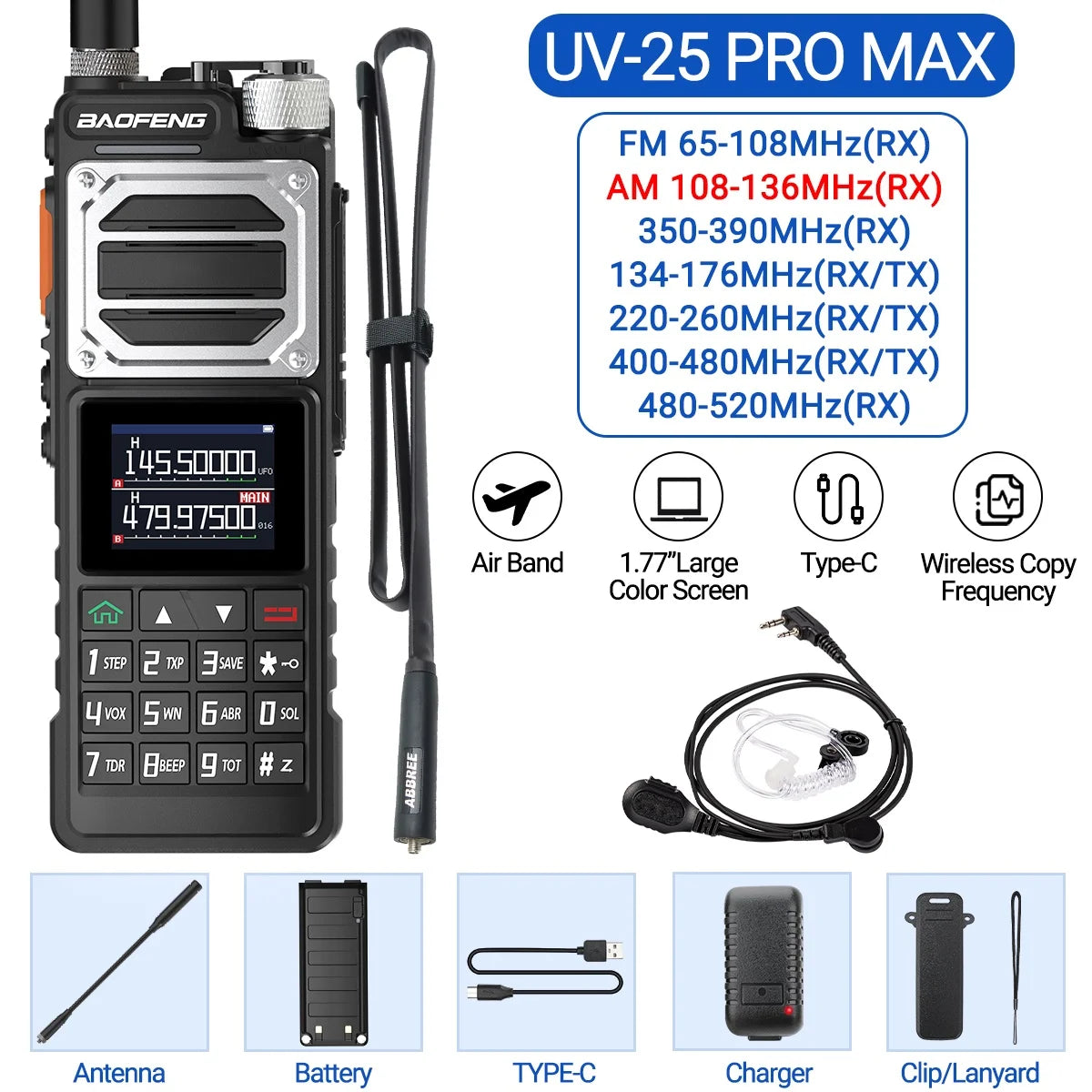 Baofeng UV-25 Air Band Walkie Talkie – Long Range UHF/VHF, Type-C Charging, 999CH, Wireless Frequency Copy, NOAA, Ham Radio - Dicrodelights
