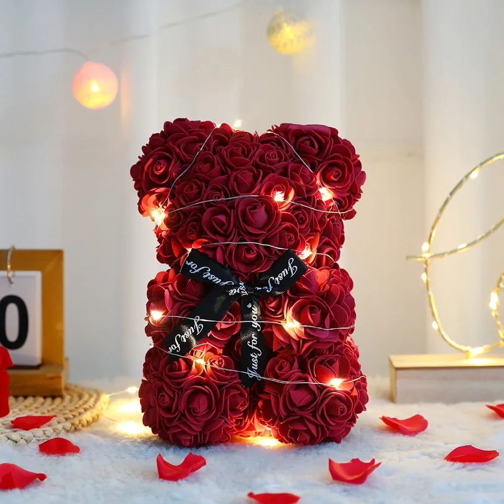 25cm Artificial Teddy Rose Flower Bear with Box Romantic Valentines Day Gift Girlfriend Women Mother Birthday Wedding Party Deco 8 With Box