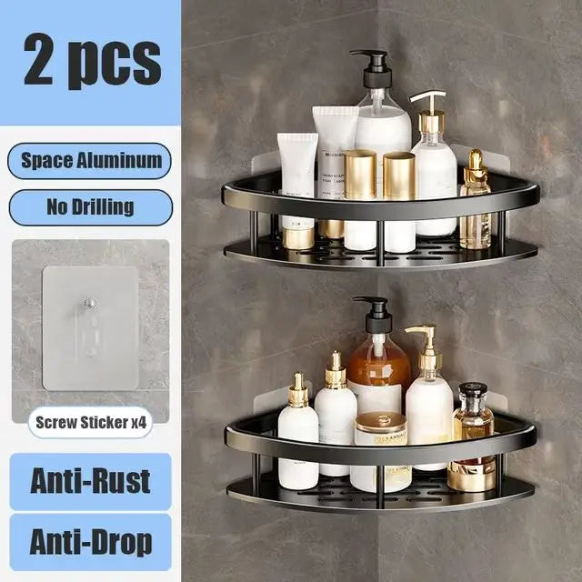 Bathroom Shelf No Drill Wall Mounted Shampoo Bottle Shower Corner Rack Toilet Storage Rack Aluminum Bathroom Kitchen Accessories blcak Triangle 2pcs