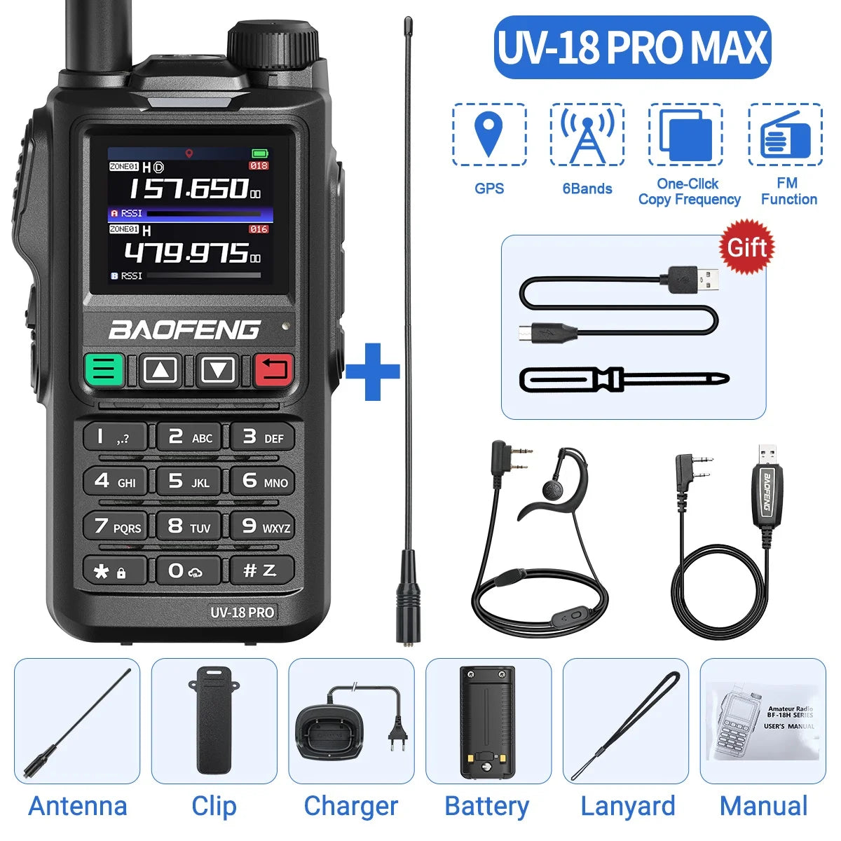 Baofeng UV18 PRO MAX GPS Walkie Talkie, 10W, Long Range, Type-C, Six-Band, Wireless Frequency, Ham Radio for Hunting - Dicrodelights