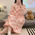 Ladies Nightwear Nightdress Autumn and Winter Coral Velvet Long Sleeve Plaid Dress Striped Student Flannel Dress Large Size