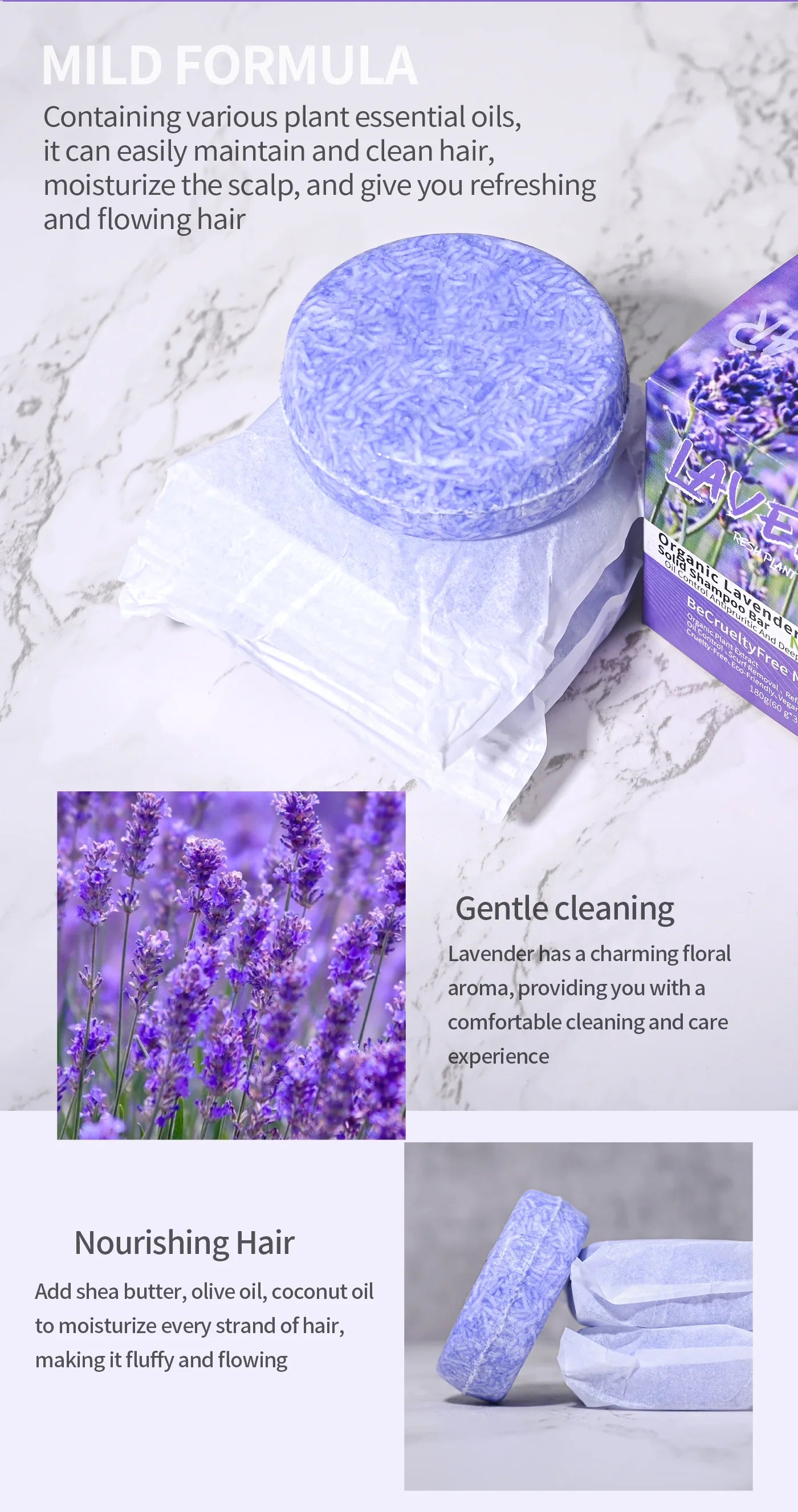 3-Pack Lavender Essential Oil Solid Shampoo Bars – Silicone-Free Oil Control Shampoo Soap for Refreshing Clean Scalp & Hair