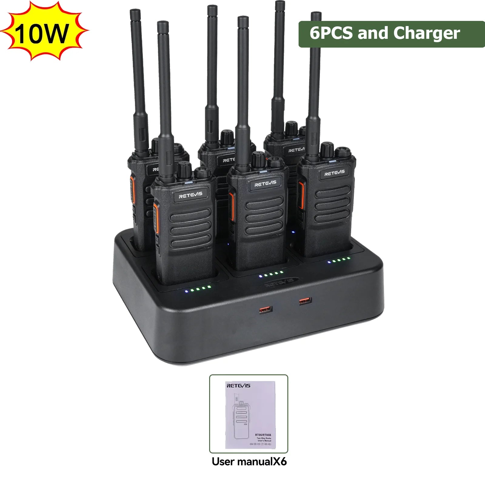 Retevis RT86 10W Walkie Talkie Professional Two Way Radio Long Range Walkie Talkie UHF Communication radio for Outdoor Business 6PCS and Adapter