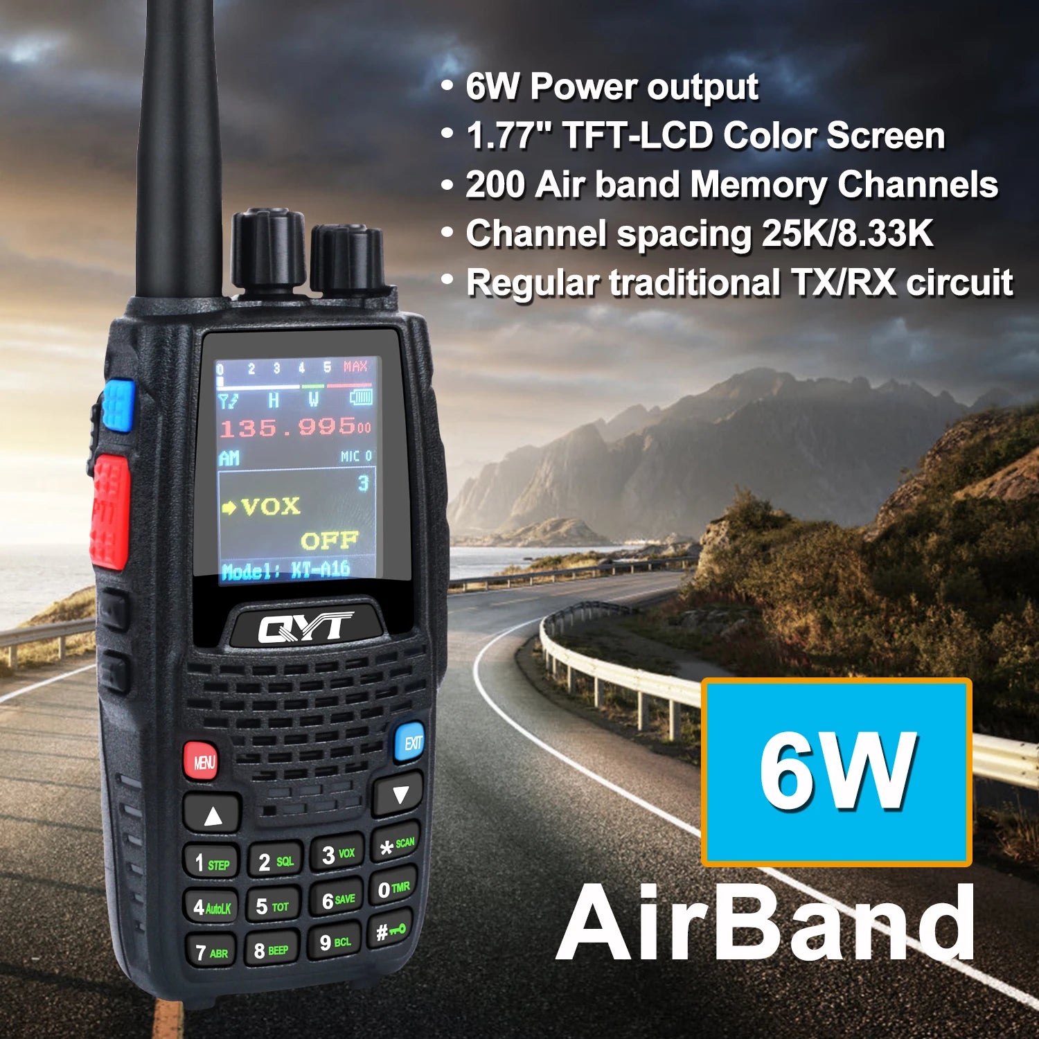 Air Band Transmitter Walkie Talkie Tx118.000-136.999MHz,Rx108.0000-136.999MHz 6W 200Ch W/NOAA Channels VOX QYT KT-A16 Radio