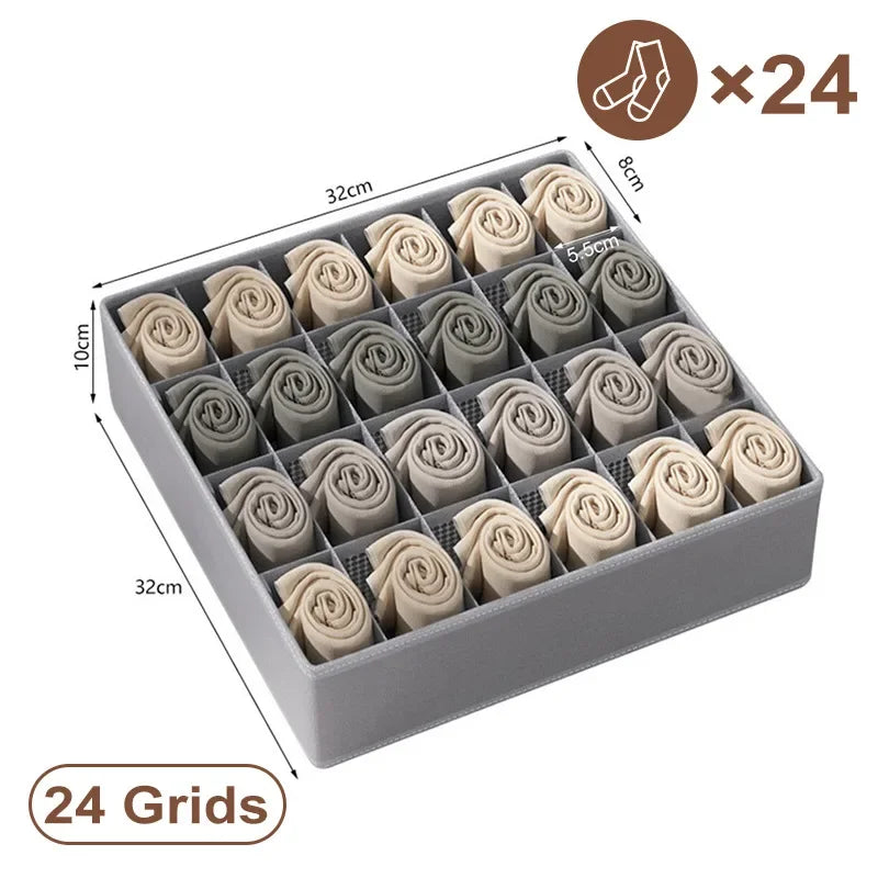 Fabric Bra Drawer Organiser for Sports Bras Socks and Underwear 24grids-gray