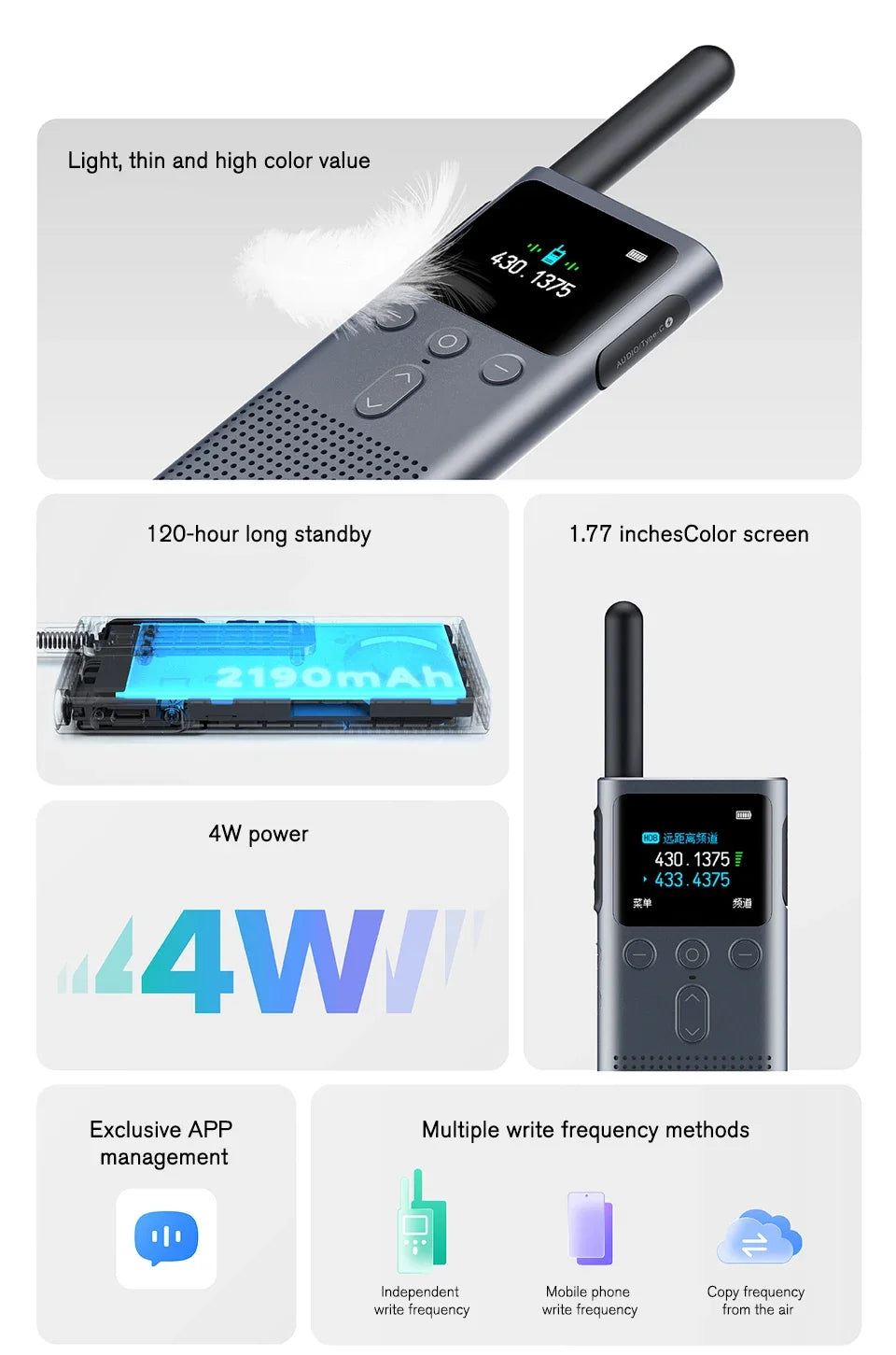 Xiaomi Walkie Talkie 2S Screen 4W Power 120-hour 1.77"Color Standby Dual Mode 5km Call Distance IP54 Outdoors Security Intercom