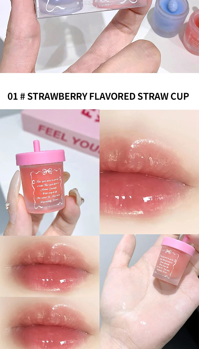 Cappuvini Juice Straw Cup Lip Mask Fruit-Flavored Lip Care Moisturizing for Day and Night in Autumn and Winter Prevents Chapped Lips Long-Lasting Moisturizing Improves Lip Lines Deeply Moisturizing Care High-Quality Lip Balm