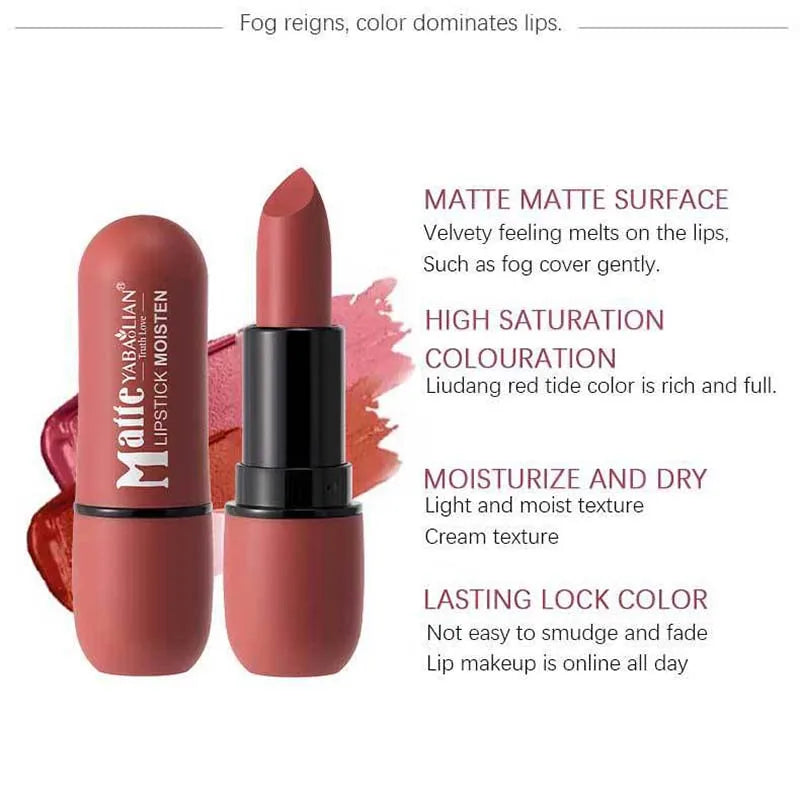 6-Color Matte Lipstick: Velvet Lip Color, Smooth, Waterproof, Long-Lasting Color Lip Makeup