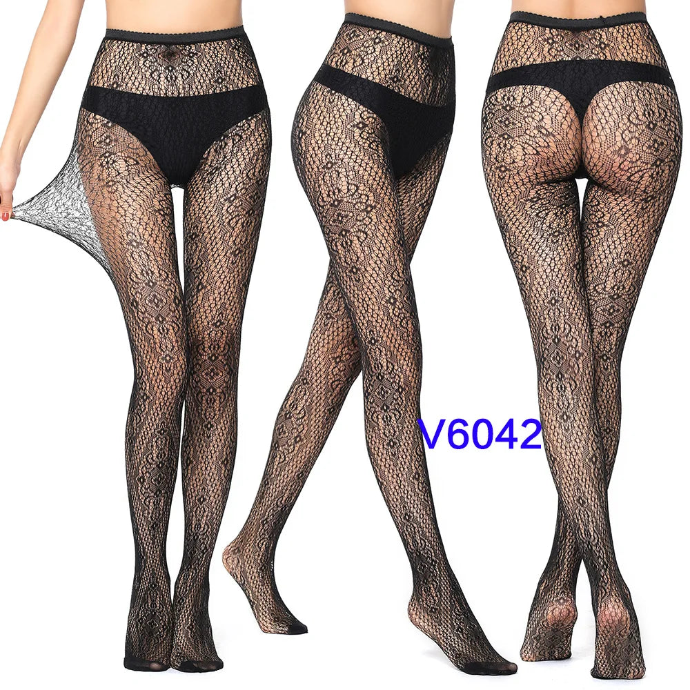 Women Sexy Fishnet Tights Jacquard Weave Seamless Pantyhose Yarns Garter Grid Fish Net Stockings Black Spider Gothic Lace Tights V6042 One Size