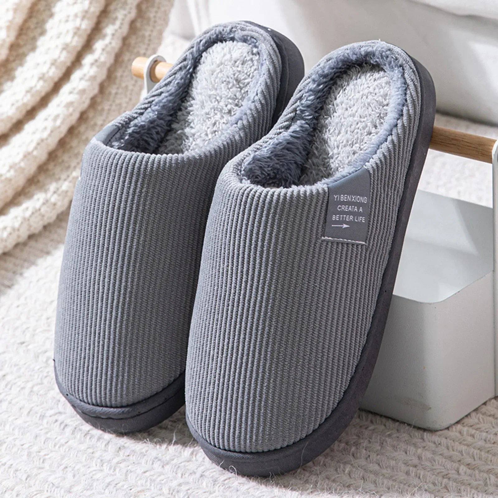 NEW Women's Men's Casual Thick Soft Bottom Home Slippers Household Plush Slippers Anti-slip Thermal Slippers Indoor Winter Flats Grey