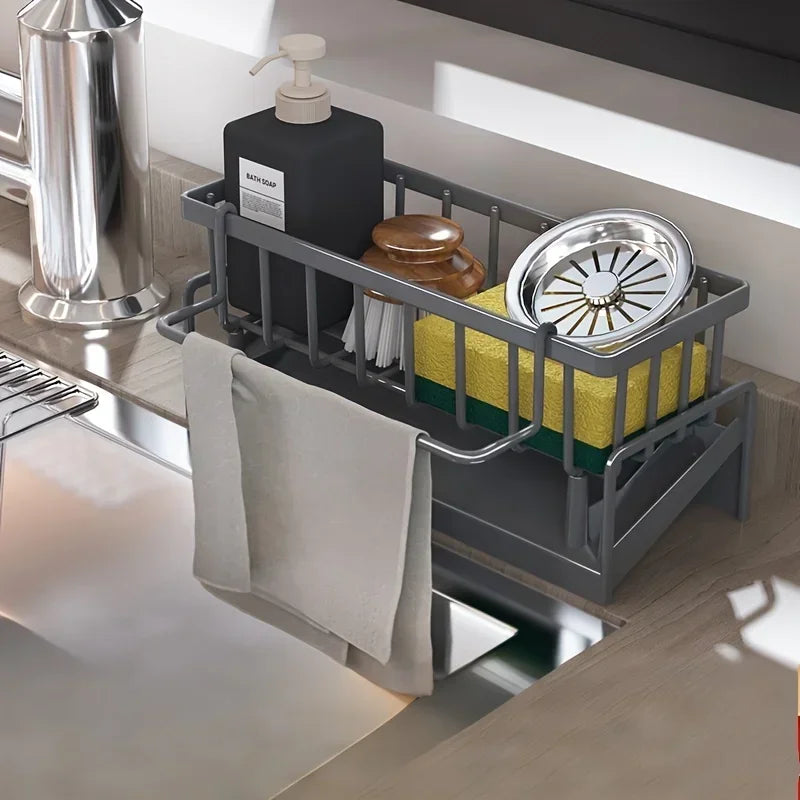Black Kitchen Sink Caddy with Drainage Tray and Cloth Rail