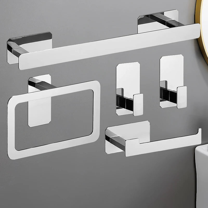 No Drilling Matte Black Bright Sliver Stainless Steel Towel Bar Towel Ring Roll Paper Holder Robe Hook Bathroom Accessories Set Sliver 5pcs Set